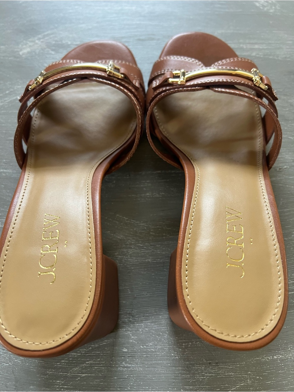 J.Crew NIB Cognac Leather Block Heel Mule Sandals Gold Horsebit Women’s Size 7 - Picture 7 of 11